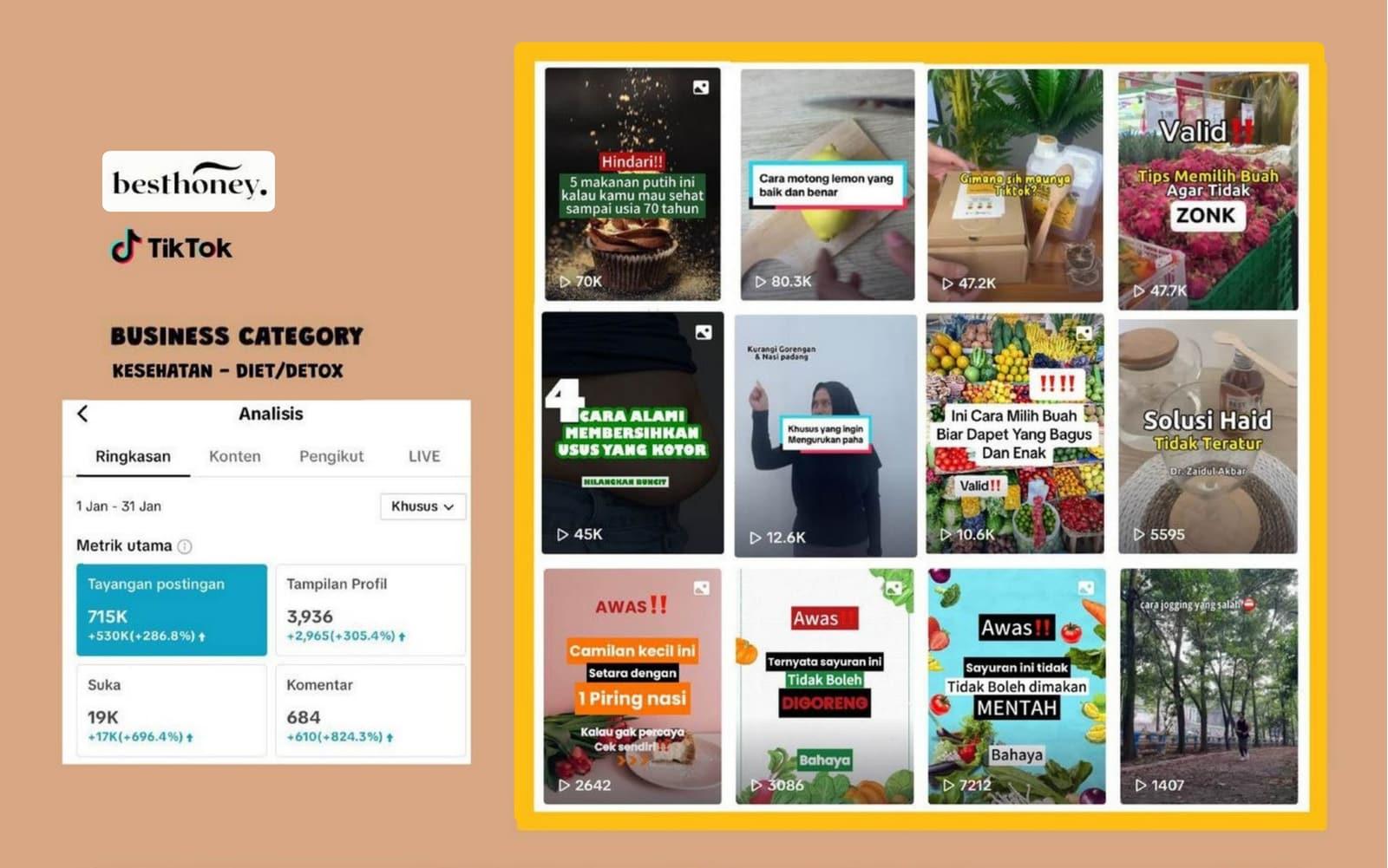 Analitik akun TikTok Best Honey beserta grid video edukasinya.