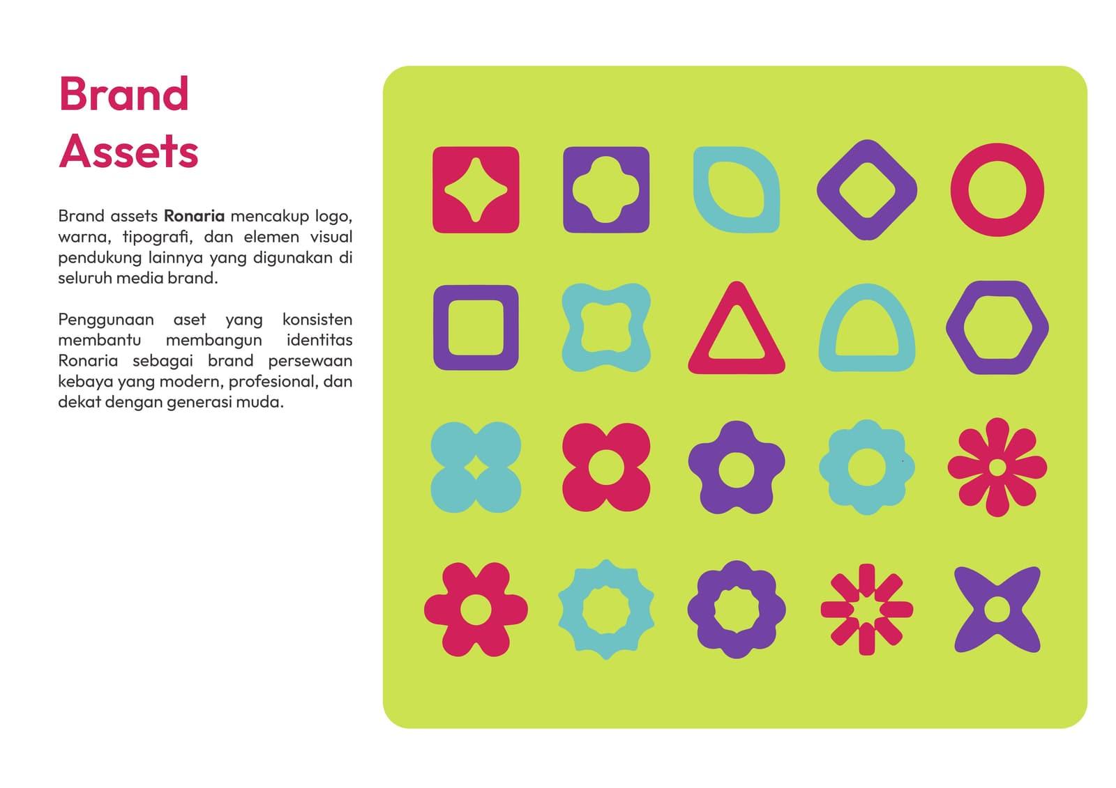 Halaman brand assets: kumpulan bentuk grafis pendukung dalam empat warna brand.
