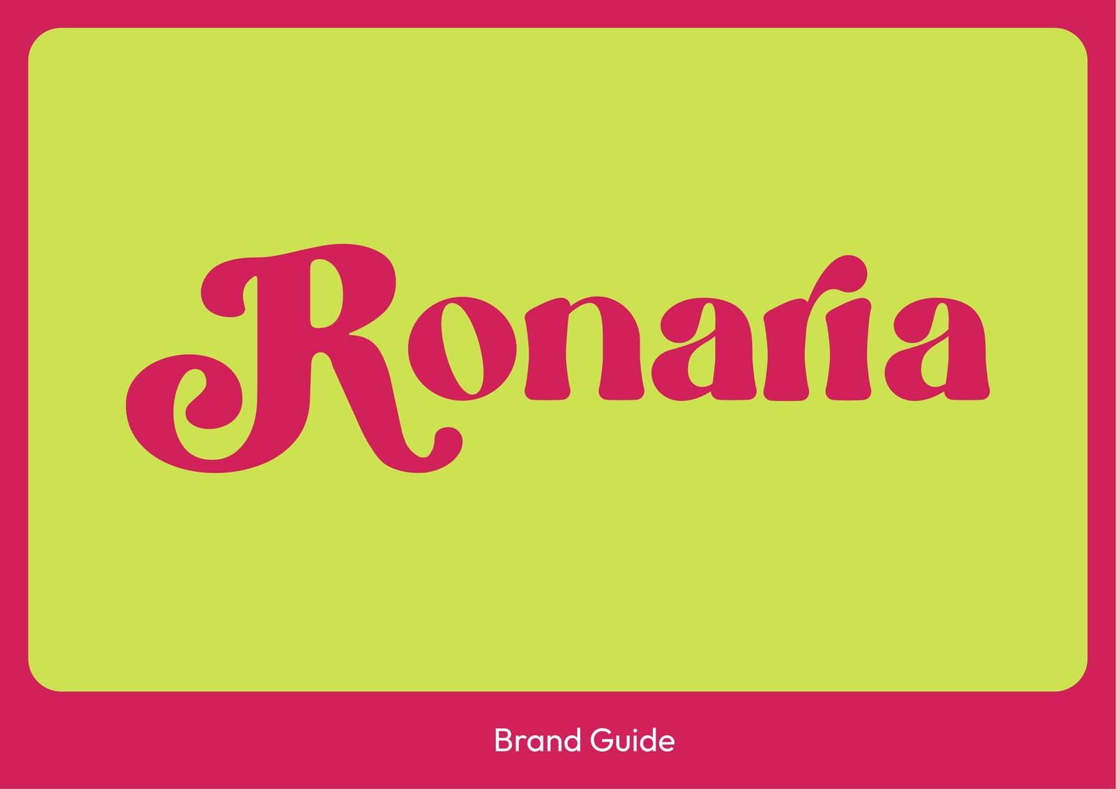 Sampul brand guide Ronaria: logotype merah muda di atas bidang hijau limau.