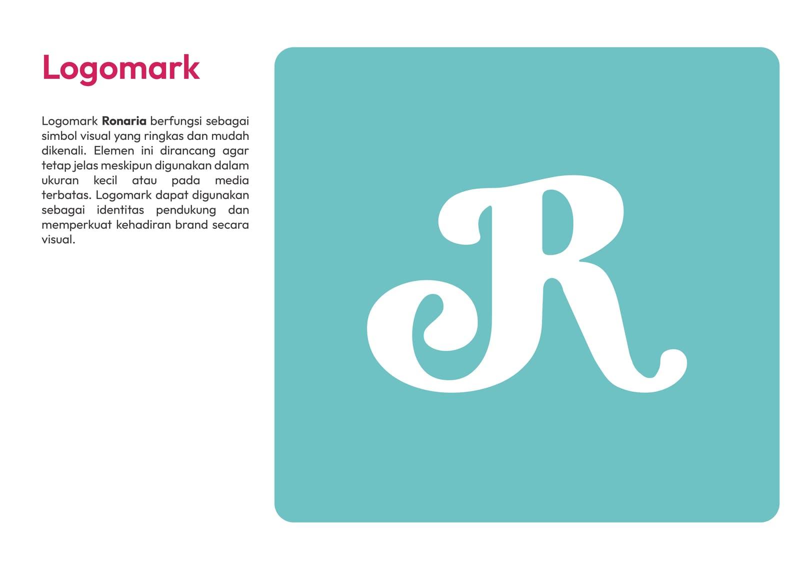 Halaman logomark: monogram huruf R sebagai simbol ringkas brand.