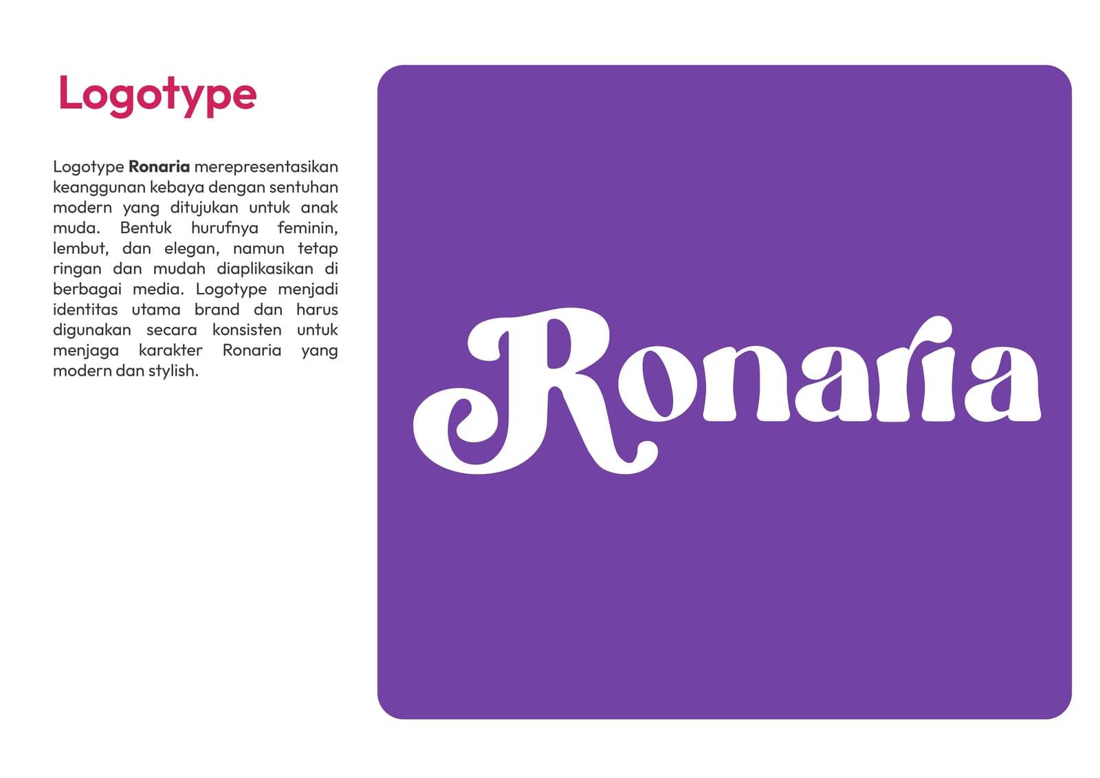Halaman logotype: konstruksi huruf Ronaria beserta penjelasan karakternya.