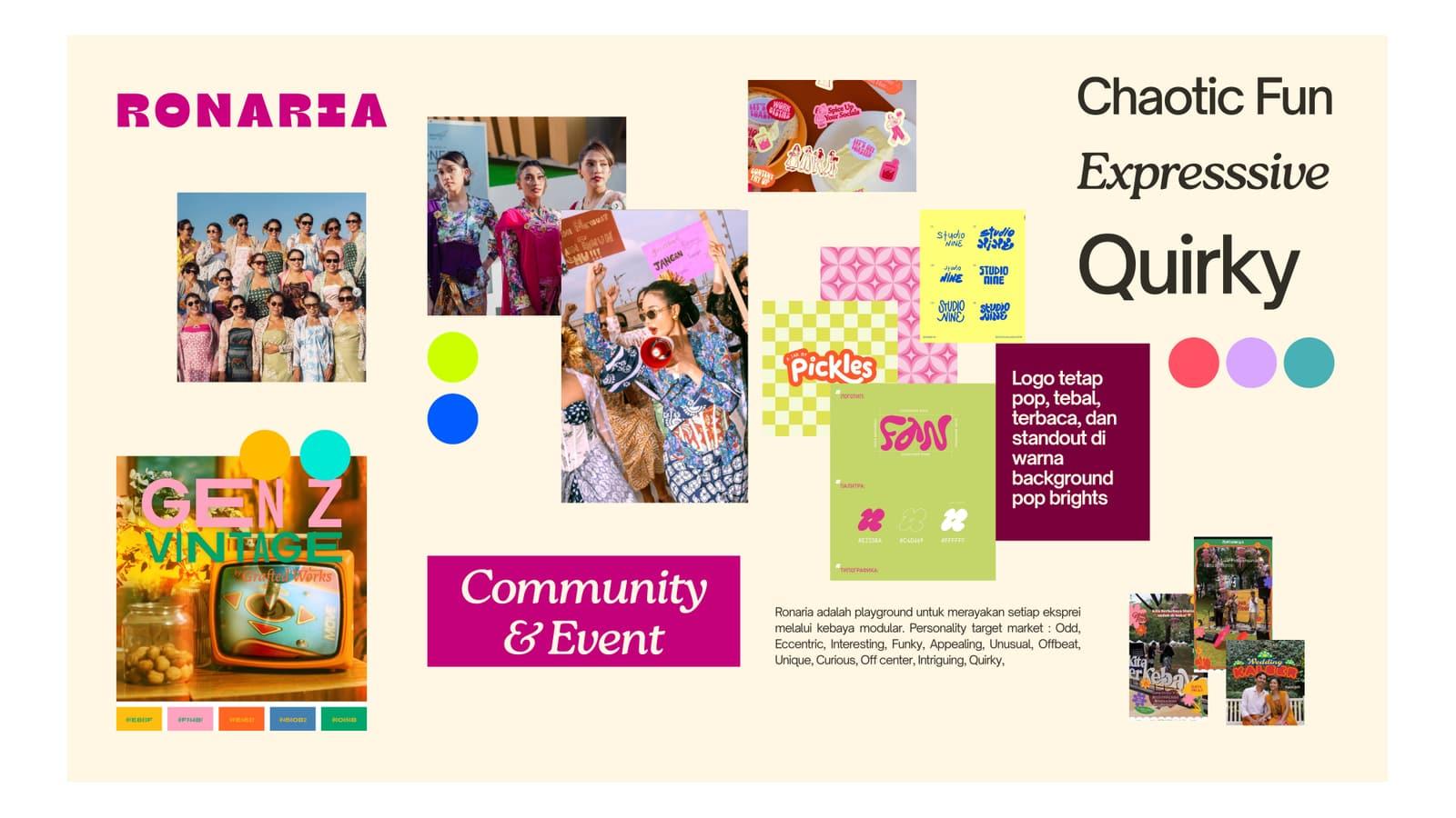 Moodboard arah visual Ronaria dengan kata kunci chaotic fun, expressive, quirky.